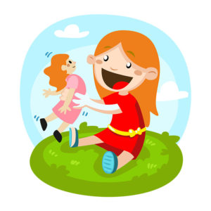 Gladsome Little Girl Playing With Doll Vector Art