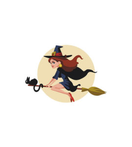 Attractive Witch Riding Broom with Cat Vector Art