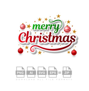 Vector Merry Christmas Lettering Greetings Text With Christmas Balls and Snowflakes Decoration